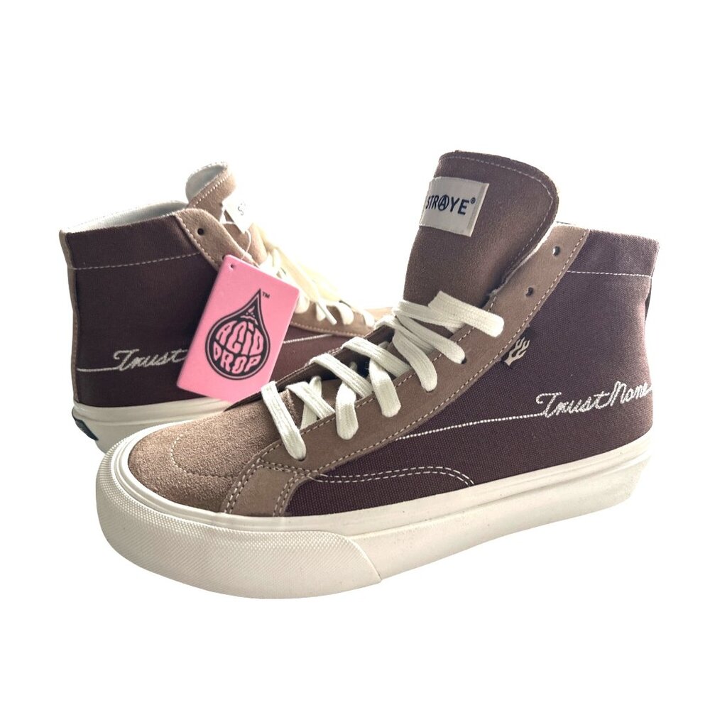 NWT Straye Brown High-Top Sneakers TRUST NONE Embroidery Acid Drop Tag Size 9.5